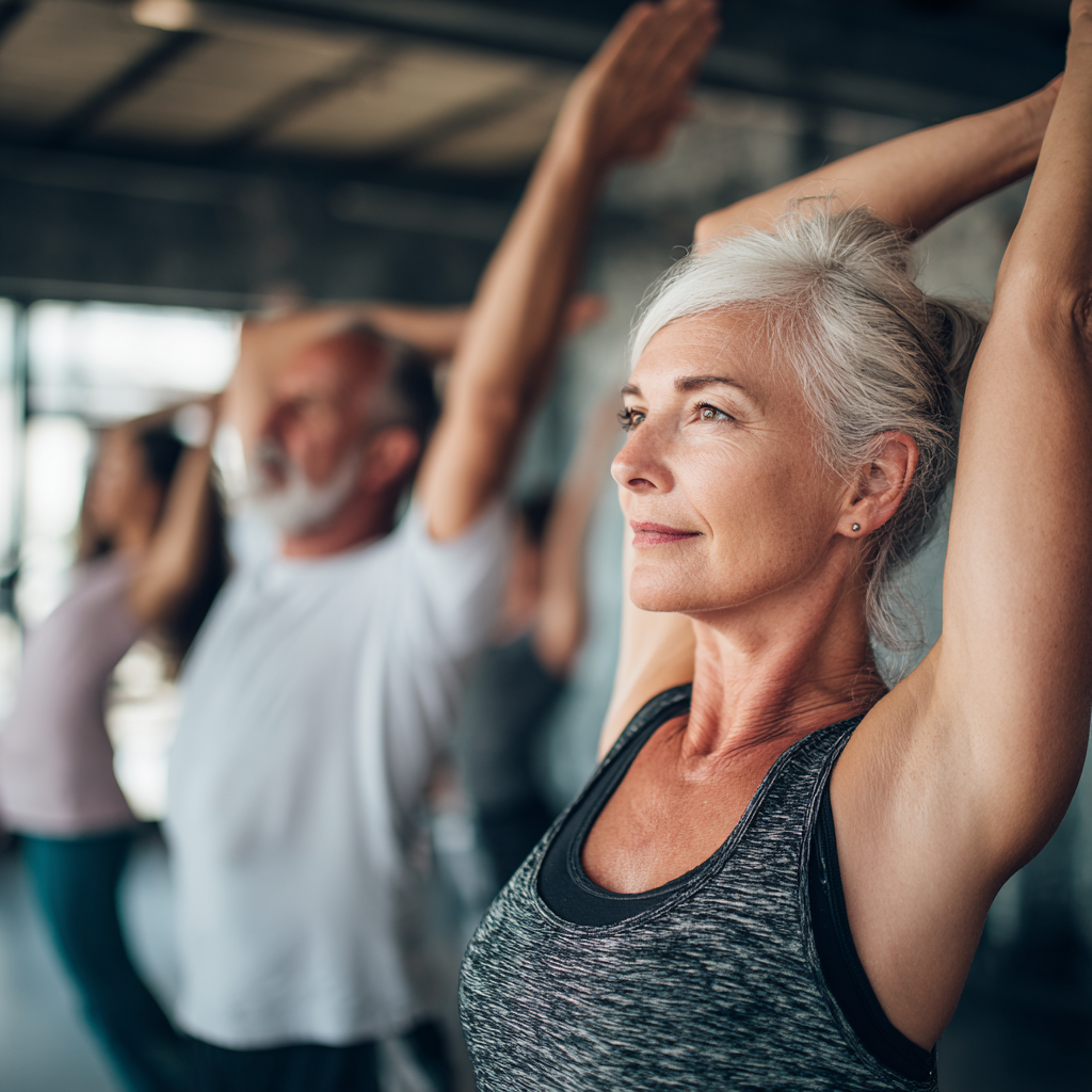 mature adult stretching during group fitness class in spacious training room
